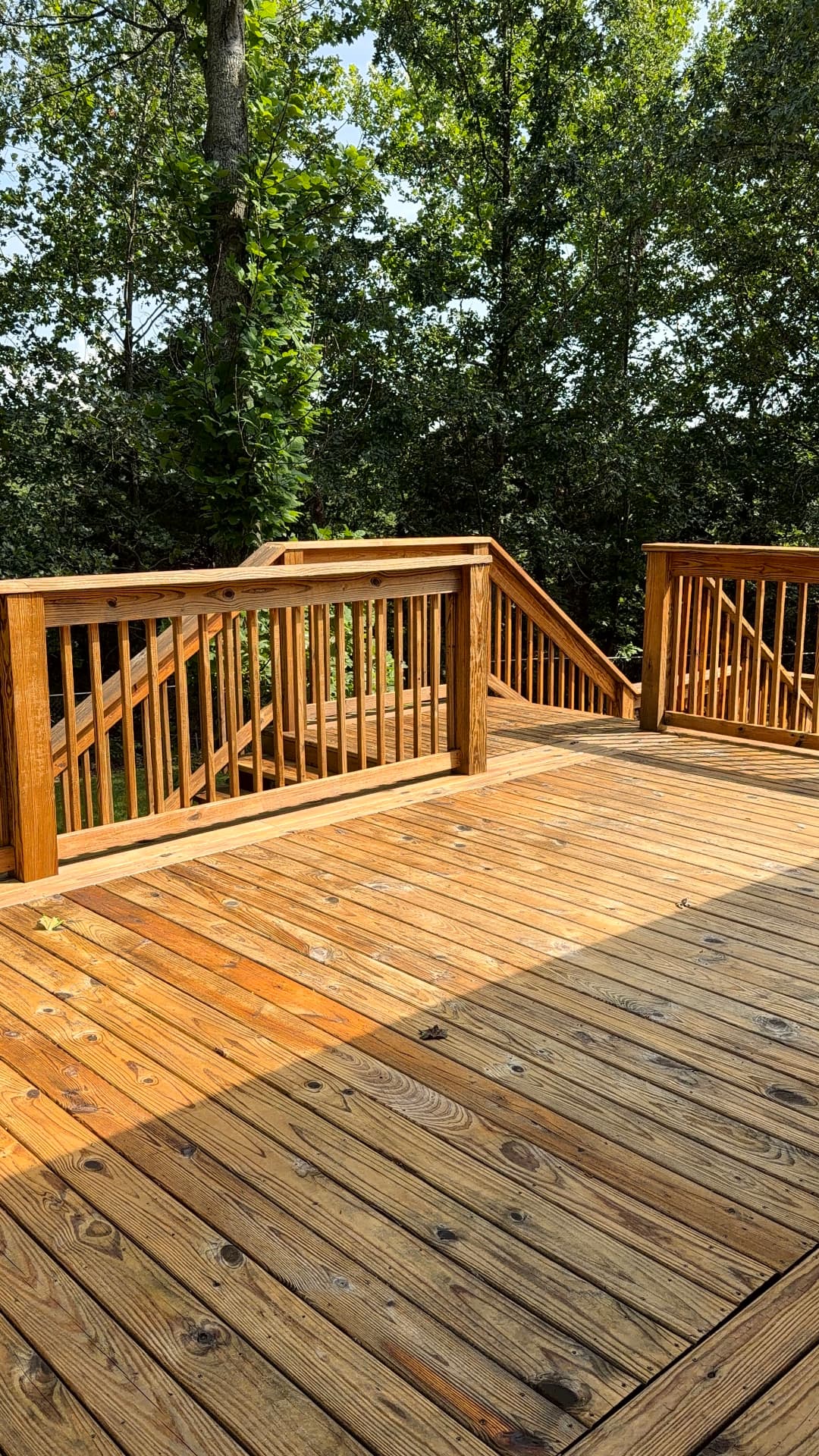 Freshly stained cedar deck in warm honey-brown tones